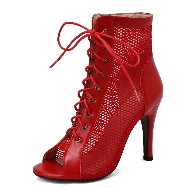 

Летние ботильоны для женщин с открытым носком, черные, белые, красные, на высоком каблуке, большого размера, сетчатые, дышащие, короткие, для джазовых танцев, женская обувь 39 красный