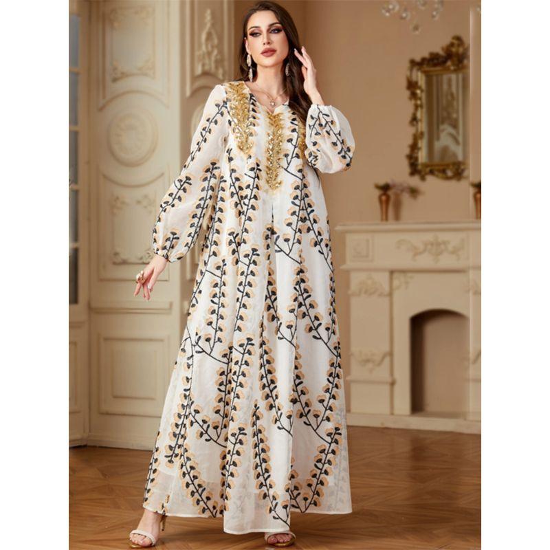 Middle East Indonesia Saudi Arabia Fashion Mesh Embroidered Long Skirt Women's Closed Sleeve Robe Dubai Dress Dresses