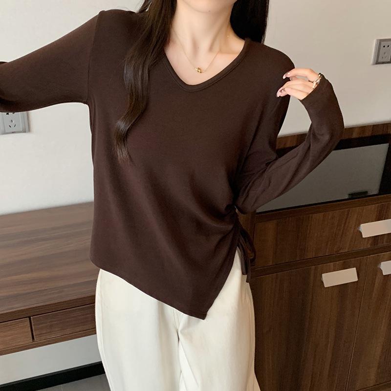 

2026 Spring Plus Size Women s V-neck Irregular Drawstring Long Sleeve T-shirt 4XL