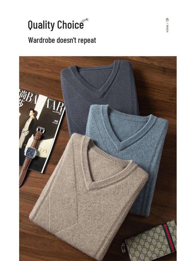 Men's Thickened V-neck Cashmere Sweater - Business Casual Autumn/Winter Jumper