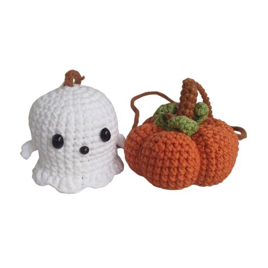 Halloween Crochet Pumpkin And Ghost Car Pendant Handmade Mini Knitted Ghost Pumpkin Hanging Ornament for Car Rear View Mirror Interior Accessories