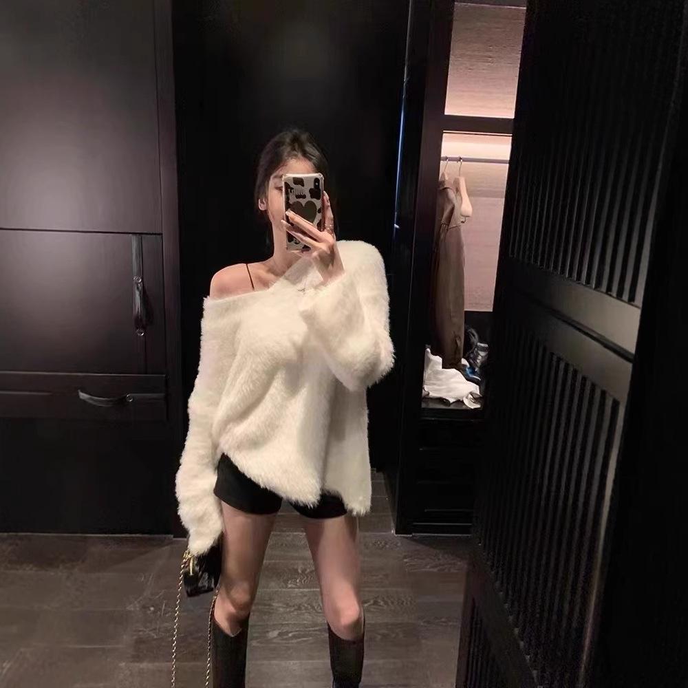 Women's Korean Style V-Neck Faux Mink Fur Sweater - Fashionable, Casual, Versatile Knitwear for Autumn/Winter