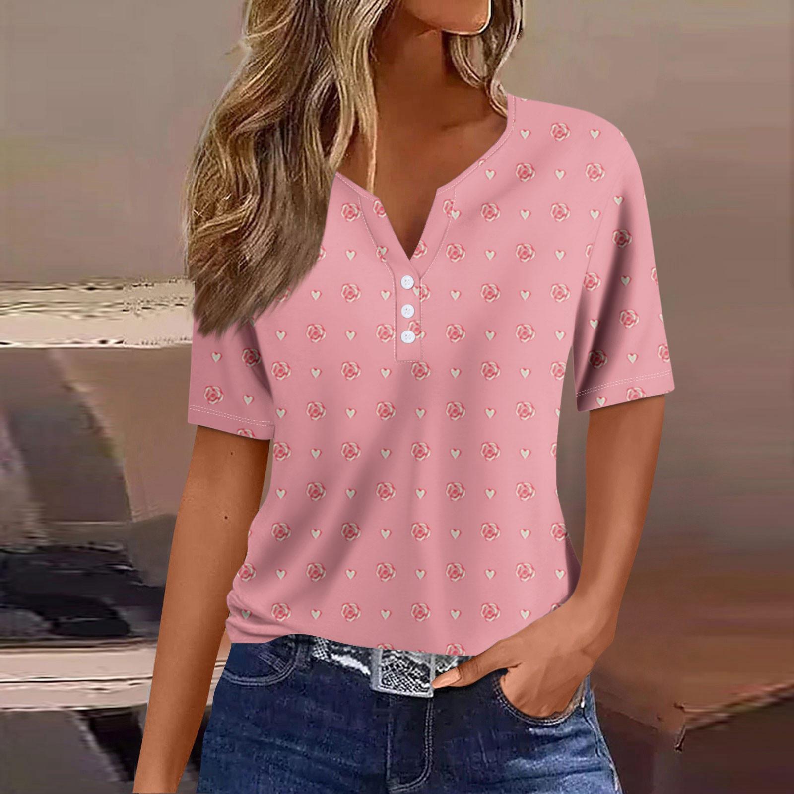 

Женская повседневная футболка с v-образным вырезом и коротким рукавом с цветочным принтом и декоративными пуговицами, топ L горячий розовый