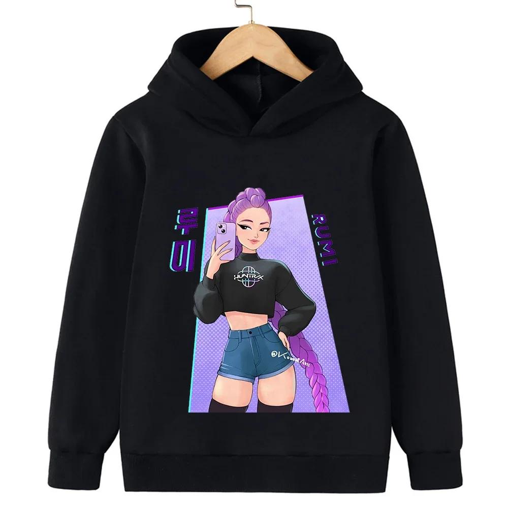 Korean-style KPop Demon Hunter Cartoon Girl Hoodie, Autumn Warmth, Trendy Fashion Casual Pullover for Kids