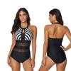 Women's Plus Size Striped Backless Mesh One-Piece Swimsuit