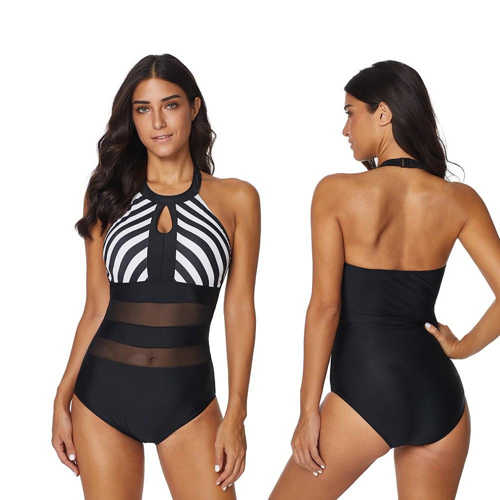 Women's Plus Size Striped Backless Mesh One-Piece Swimsuit
