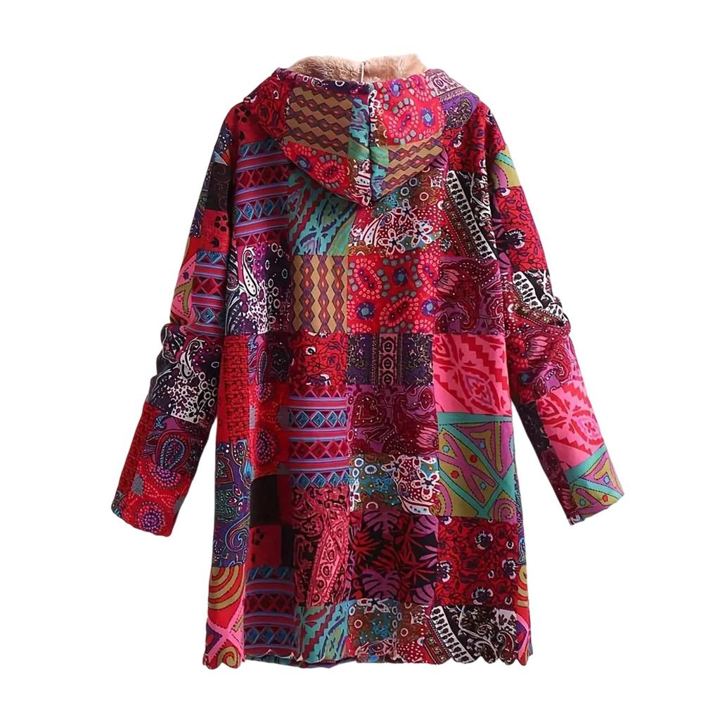 Womens Winter Button Patchwork Fleece Hooded Jacket Coat Long Sleeve Warm Liner Pocket Coat