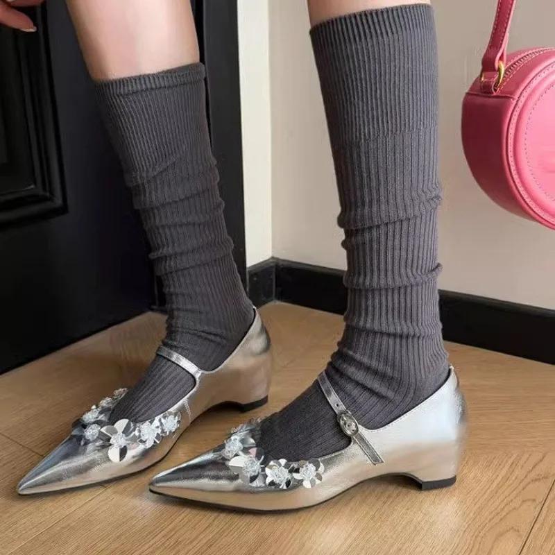 Fashion New Pointed Toe Sequin Flower Mary Jane Women's Shoes One Buckle Strap Shallow Mouth Inside Heighten Soft Sole Flat Single Shoes