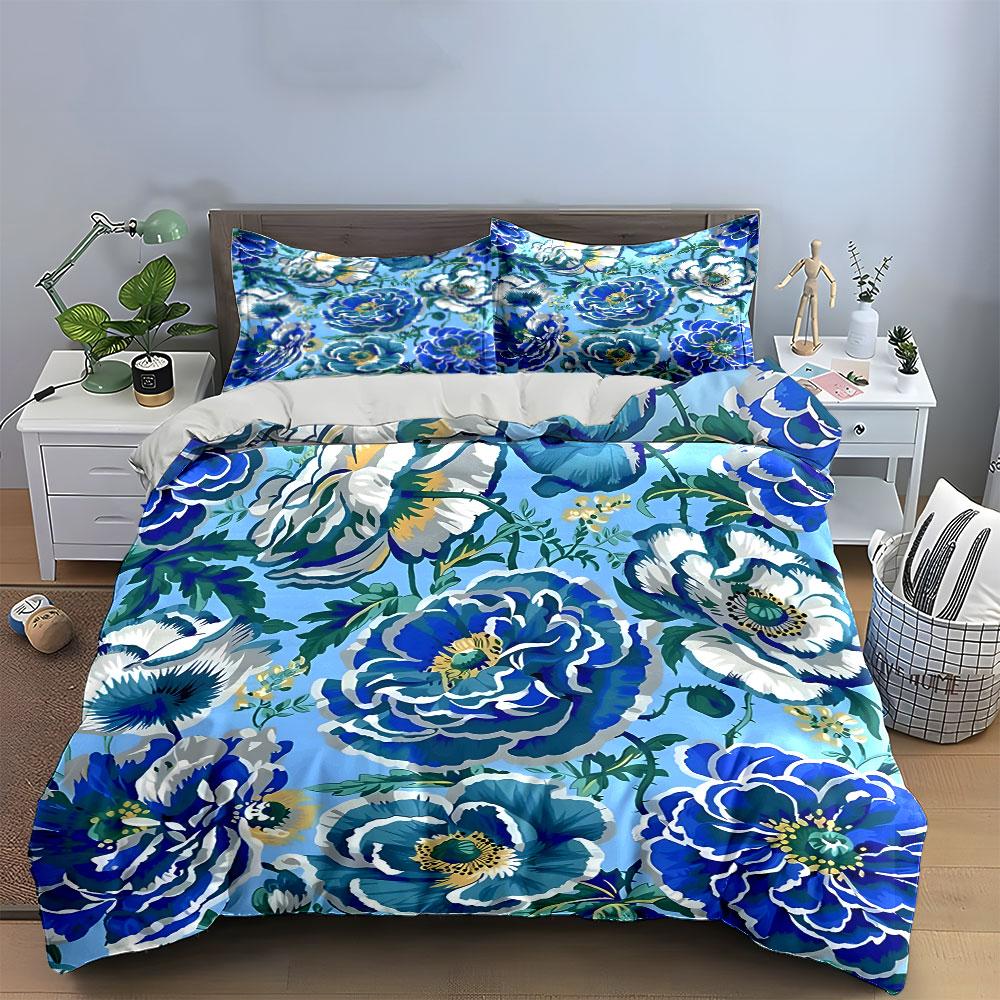 Blue Floral Pattern Design Bedding Duvet Cover Set (1*Duvet Cover 2*Pillowcases, Without Duvet Insert)