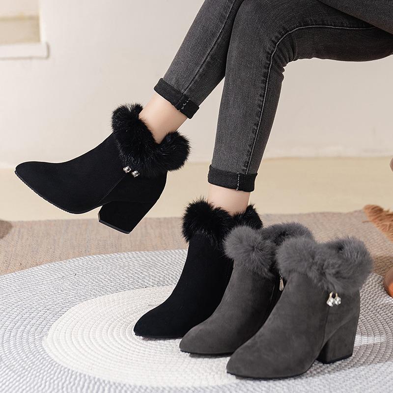 Women Snow Boots Fashion Pointed High Heels Boots Suede Casual Ankle Boots for Women Winter Fur Short Boot Botas Invierno Mujer