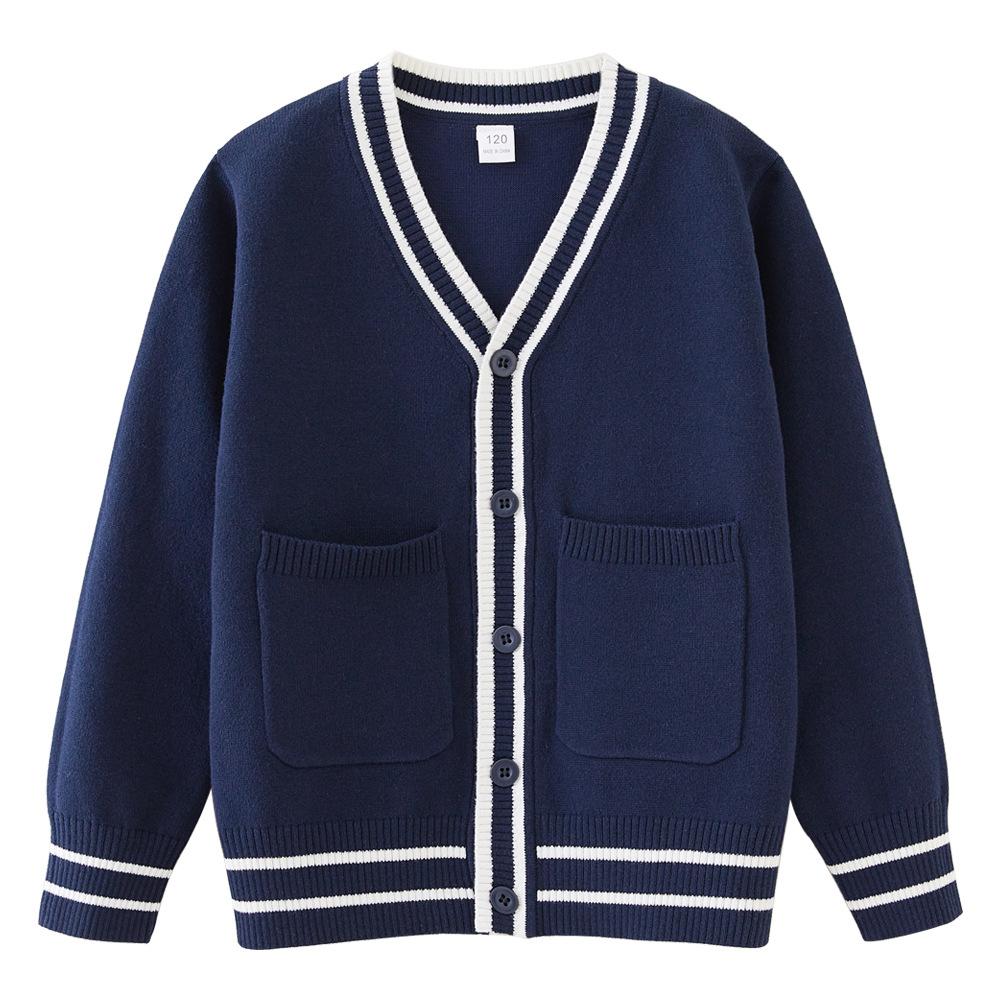 Parent-child Outfit Contrast Color Pockets Medium and Large Children's Knitted Cardigan College School Uniform Girls Sweater Jacket