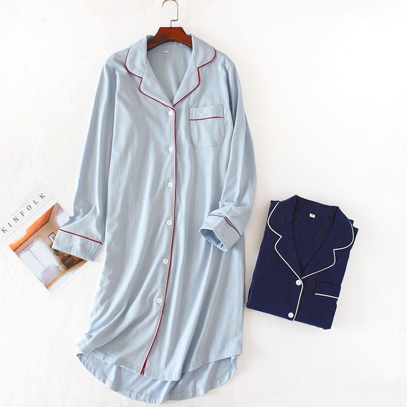 Spring Summer Women's Long Knit Cotton Sleep Tops Women Cardigan Long Sleeve Nightgowns Solid Lapel Sleepwear Nighty for Ladies Home Clothes