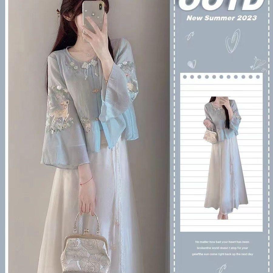 Women's Summer Hanfu Set: Embroidered Top & Dress Two-Piece - New Chinese Style for Tea Ceremony