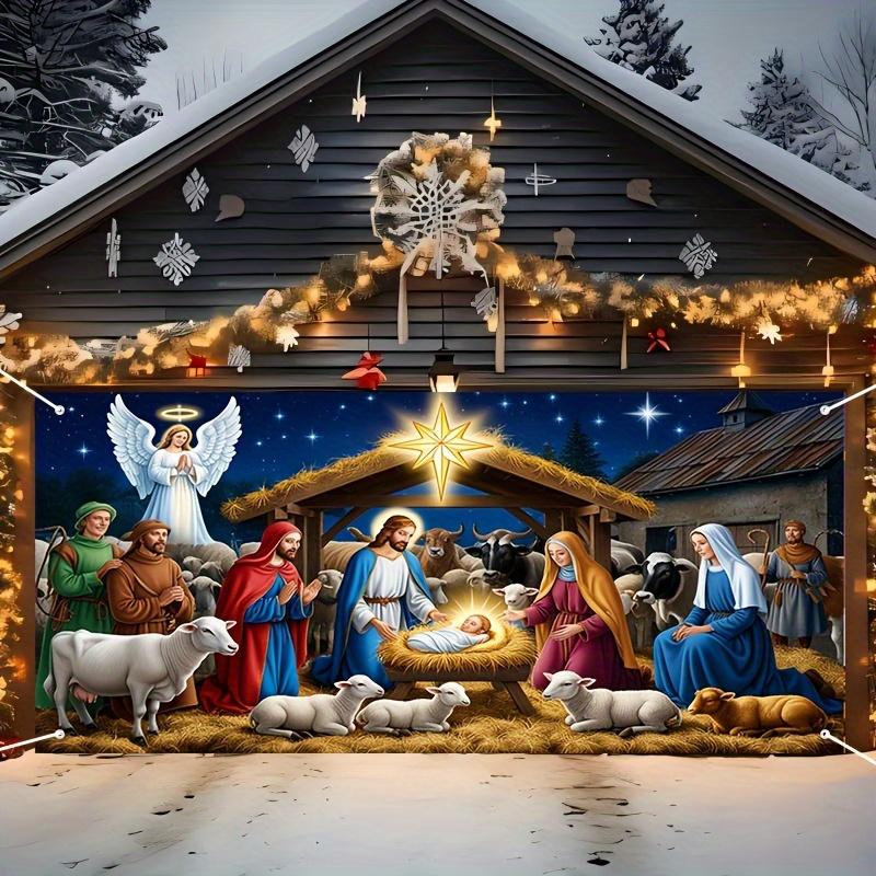 2D door banner 1pc Christmas garage door Banner - Vibrant Nativity scene, Christmas decoration 130x150cm