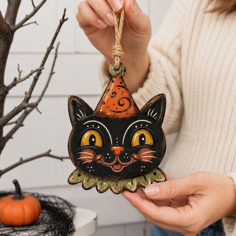 Trick or Treat Wooden Black Cat Ornament Distressed Painted Halloween Tree Hanging Indoor Use