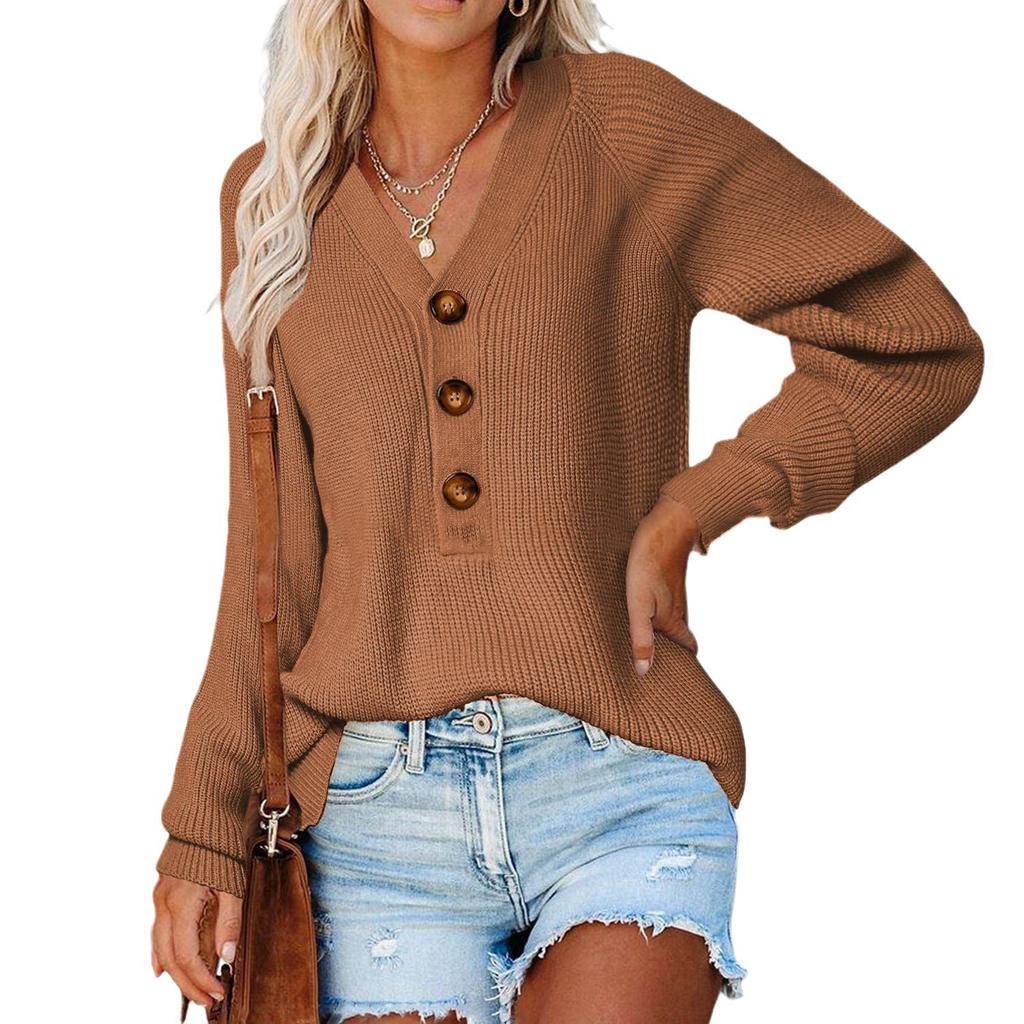 Button Sweater Elegant Woman Pullover Fall and Winter Loose Temperament V-neck Knit Sweater Comfortable and Versatile