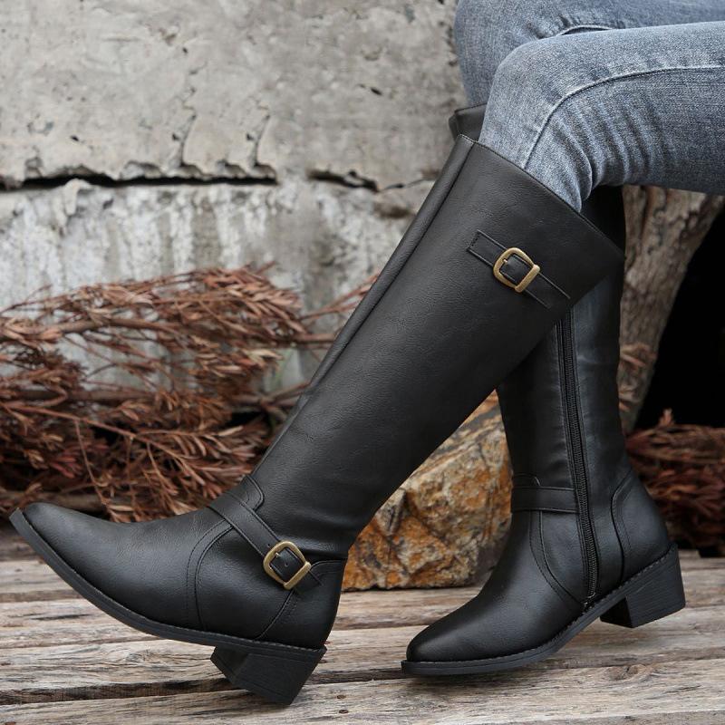 Large size women's winter new women's leather boots side zipper high boots high heel belt buckle knight boots