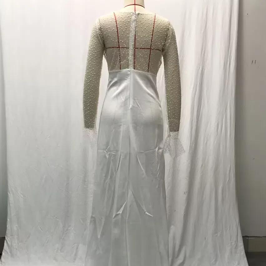 2025 Summer Autumn Women's Sheer Mesh Wedding Dress, Sexy V-Neck Long Sleeve Gown With High Slit, White See-Through Bridal Dress For Formal Events
