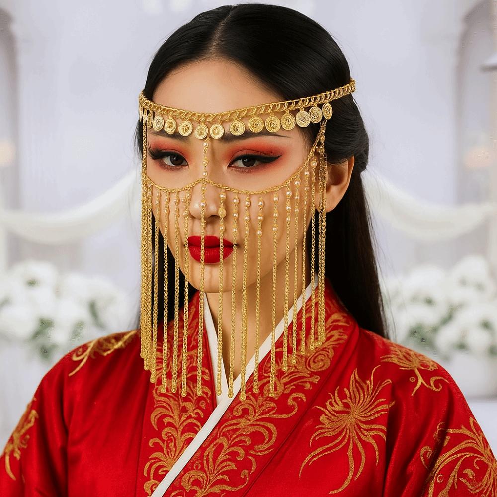 Goldener Bauchtanz-Gesichtsschleier Strass-Maskenballmaske Luxuriöse Vorhang-Kopfkette Haarschmuck