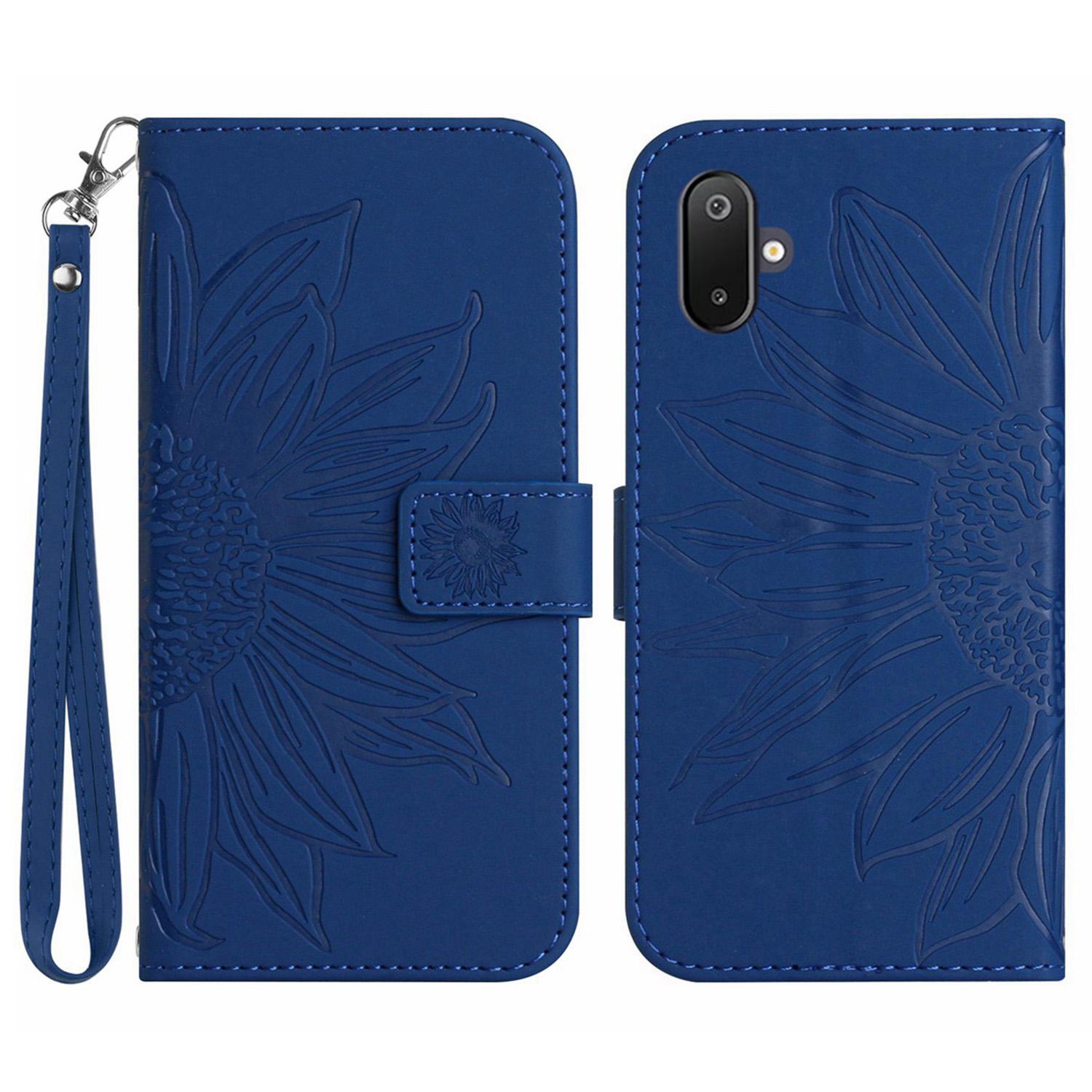 

For Samsung Galaxy M06 5G/F06 5G Case Sunflower Imprint Leather Wallet Phone Cover with Wrist Strap Sapphire