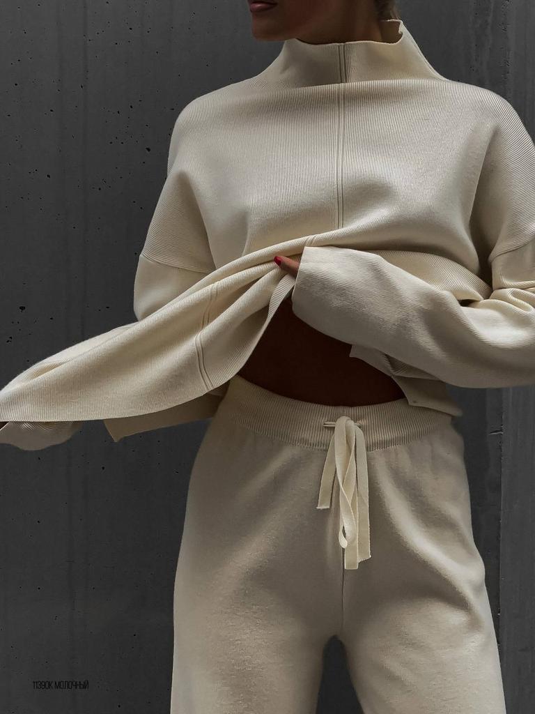 Kadın Örgü Pijama Takımı Günlük Balıkçı Yaka Uzun Kollu Üst Geniş Paça Pantolon İki Parçalı Takım