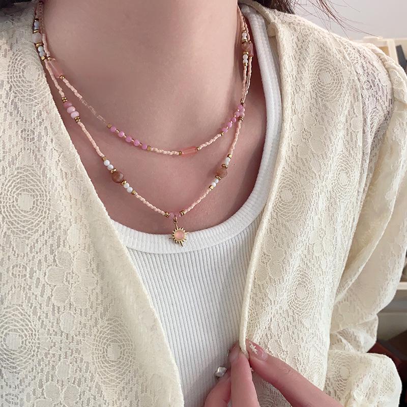 Pink Rose Quartz Eight-Pointed Star Pendant Necklace, Natural Stone Beaded Choker for Women, 2024 Collection