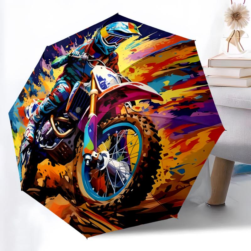 1pc Sturdy 8-Bone Auto Umbrella, Motocross Umbrella, Digital Printed, Foldable Umbrella for On-the-Go Outdoor Use