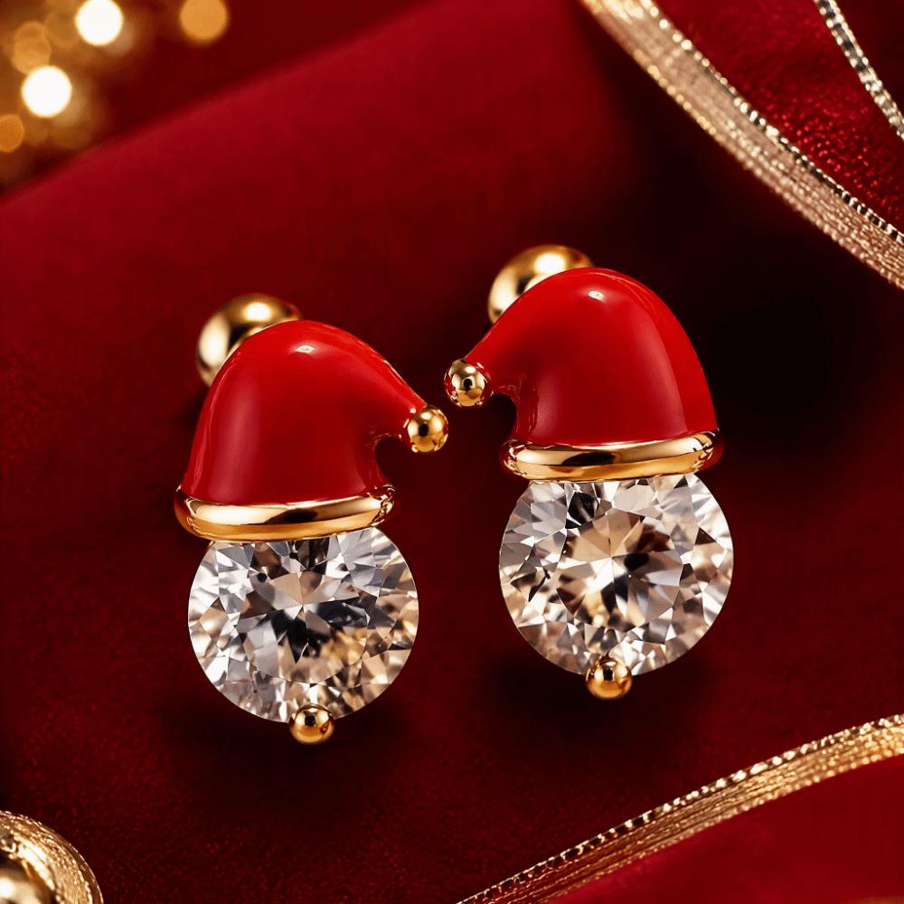 Sparkling Santa Hat Earrings Red Enamel Rhinestone Ball Earrings Christmas Stud Earrings Daily