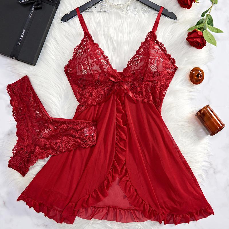 Sommer Sexies Dessous-Kleid Damen Spitze Durchsichtiges Nachthemd Nachtwäsche Einfarbig Schlank Weich V-Ausschnitt Unterkleid Nachtwäsche & Kleider
