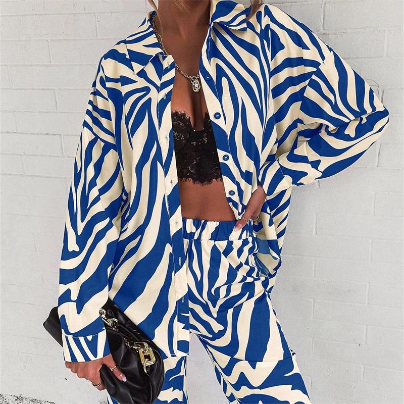 Autumn Elegant Long Sleeve Top And Elastic High Waist Trousers Suit Trouser Suits Loose Stripe Women Shirt Pants Two Piece Set