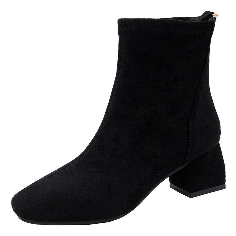 French Chic Slim Square Toe Ankle Boots: Autumn/Winter Stretch with Chunky High Heel