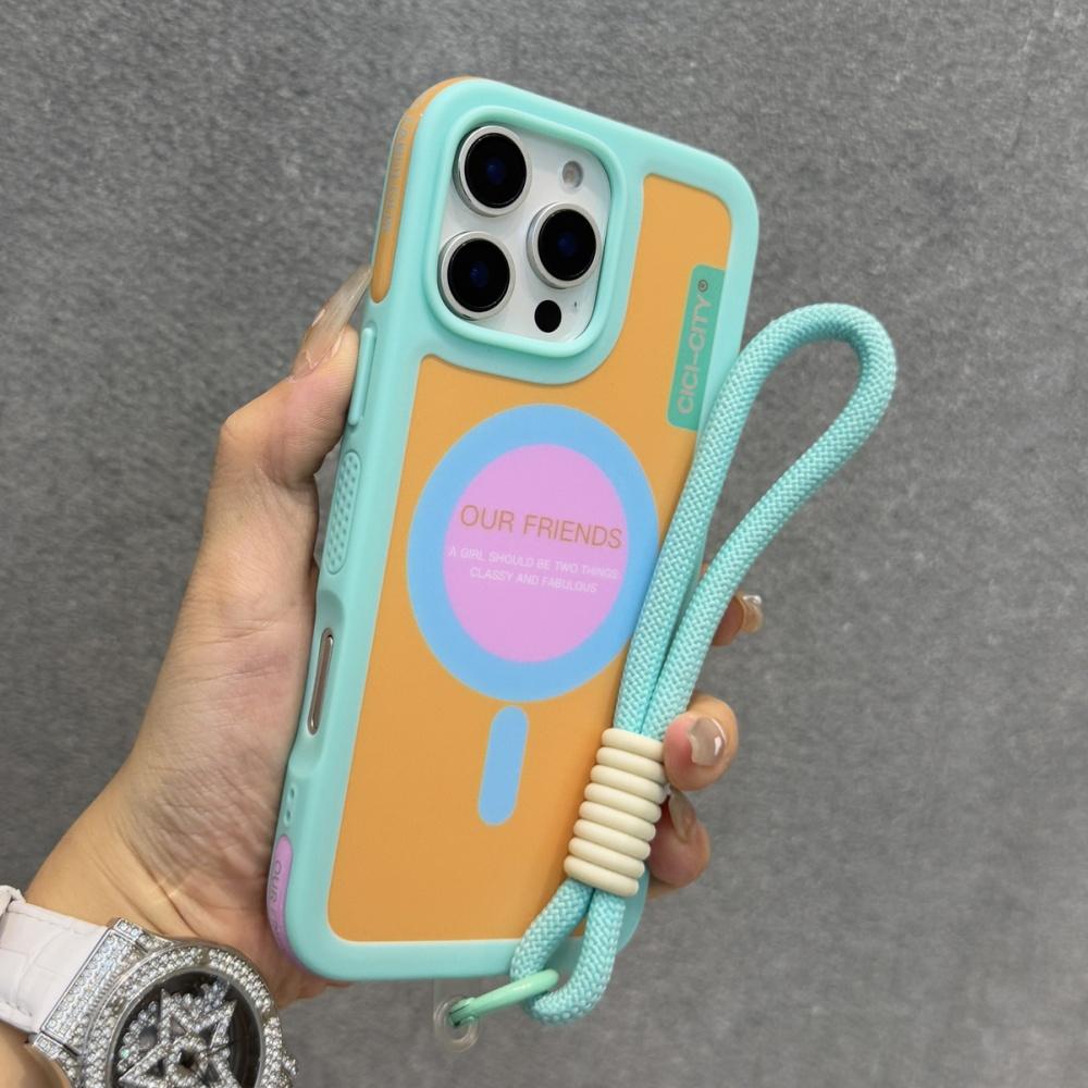 Strap Lanyard Contrast Color Magnetic For Magsafe Case For iPhone 15 14 16 Pro Max Wrist Strap Rope Soft Bumper Shockpoof Cover