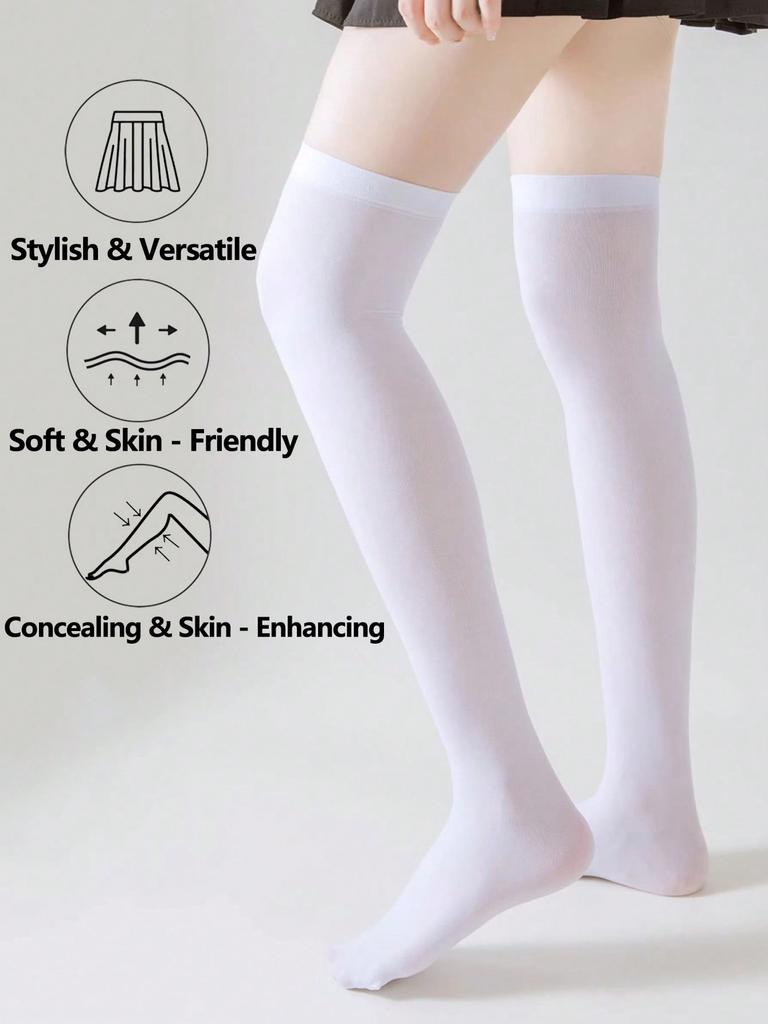 1 Pair Sweet White Opaque Thigh Highs For Women, High-Stretch Skin-Friendly Hosiery For Lolita & Date Outfits