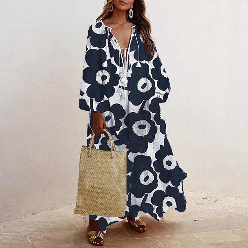 Women's Fashion Casual Bohemian Style V-Neck Long Sleeve Long Dresses Dresses