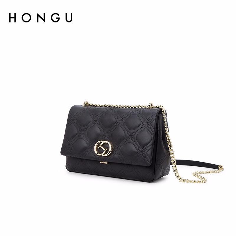 HONGU Leather Crossbody Bag, Handbag, Chain Shoulder Bag, Square Purse, Black