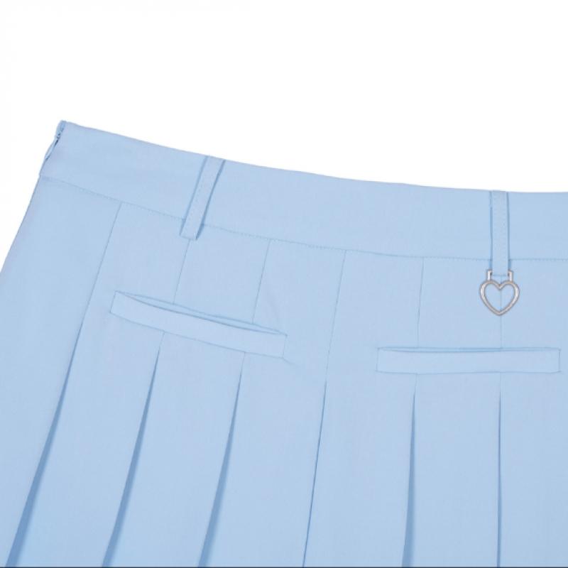 GOXO Sky Blue Back Pleats Slit Skirt