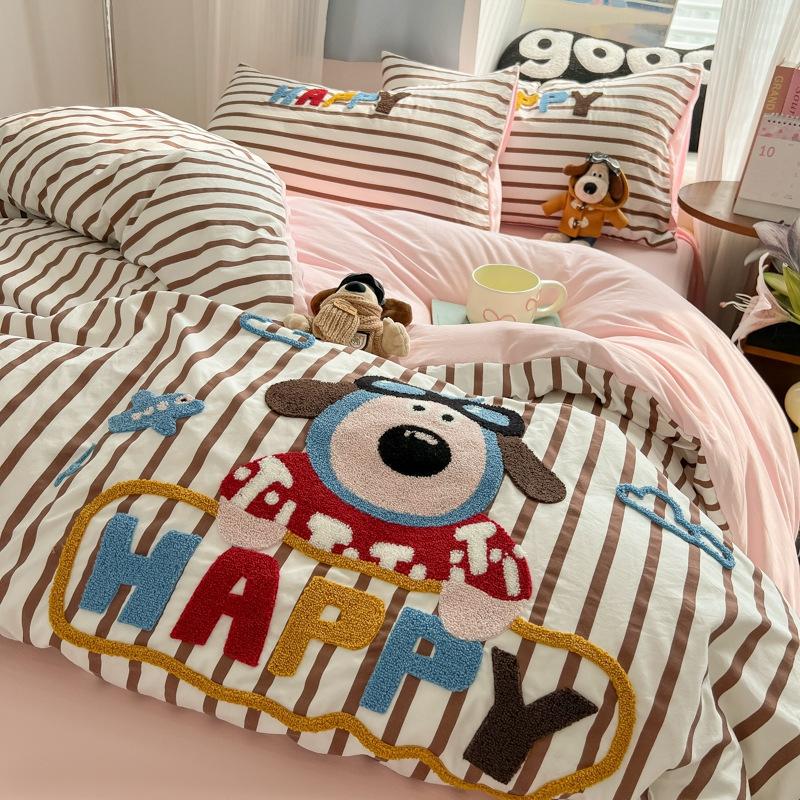 Cloud Pure Cotton Quilt Cover Bed Sheet Embroidery Four-piece Set Cartoon Puppy Skin-friendly Breathable Bed Sheet Bedding