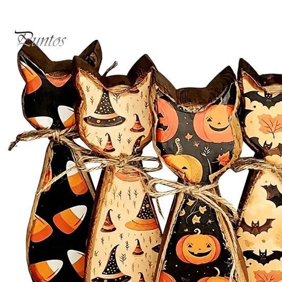 Rustic Wooden Cat Ornaments Ornament, Vintage Halloween/Flower Wood Tabletop Signs, Festive Party Table Centerpieces Distressed Animal Figurines