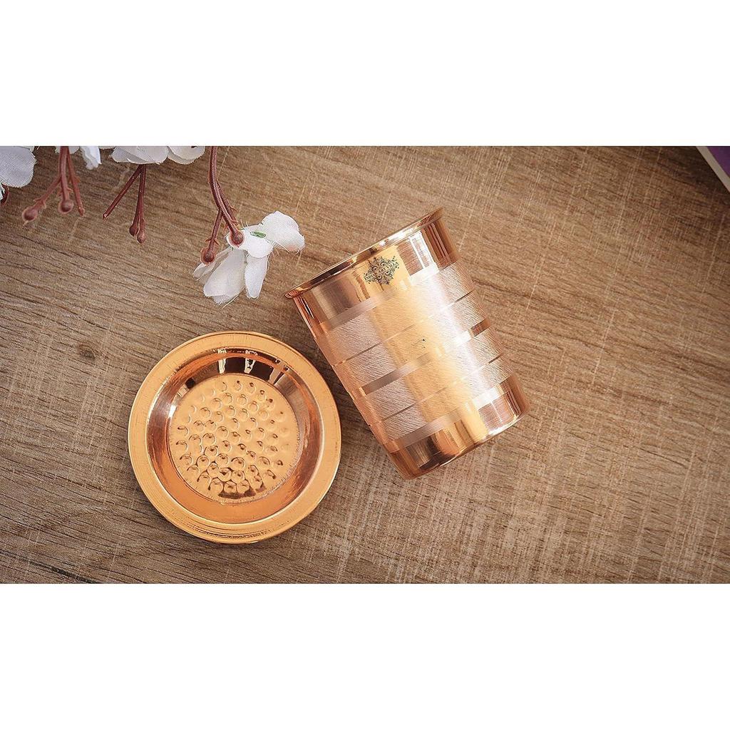 Copper Glass Tumbler Cup with Lid Set, Drinkware Home Restaurant, Yoga Ayurveda, 300 ML Each, 2 Pieces