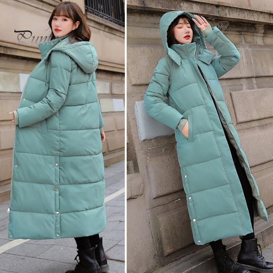 Women Cotton Coat Hooded Long Sleeve Pockets Side Slit Hem Down Jacket Solid Color Pockets Thickened Casual Outwear