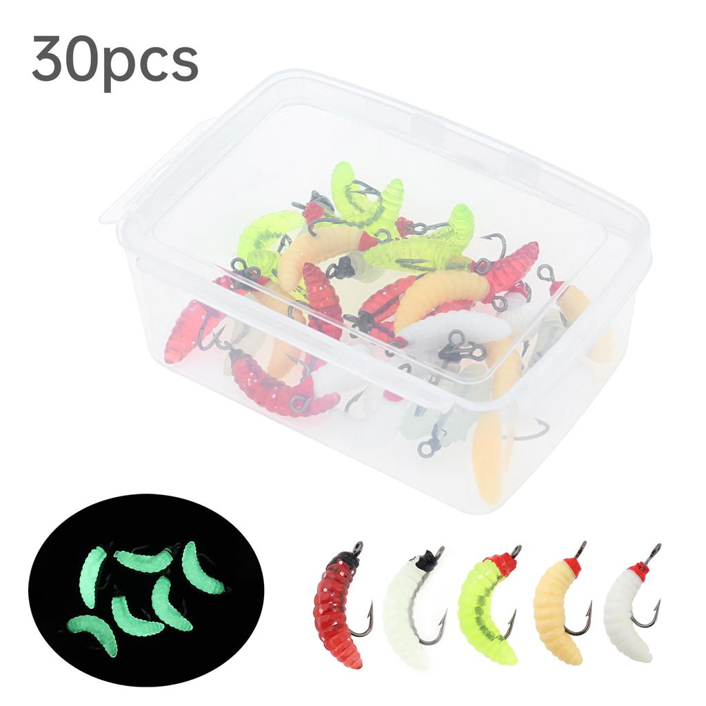 30pcs Luminous Soft Silicone Maggot Worm with Hooks Already Attached Artificial Bread Worm Fishing Hooks Lures