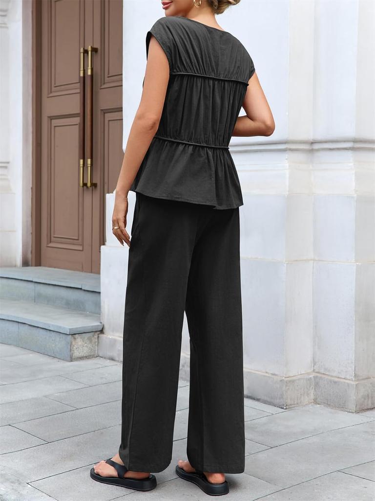 Womens Summer Cotton Linen Two Piece Pants Set Peplum Tank Top And Wide Leg Pants Vacation Outfit
