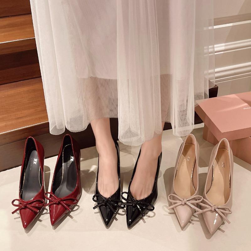 Black Bow Beautiful High Heels Women's New Autumn Temperament Versatile Sexy Pointed Shallow Mouth Single Shoes Women