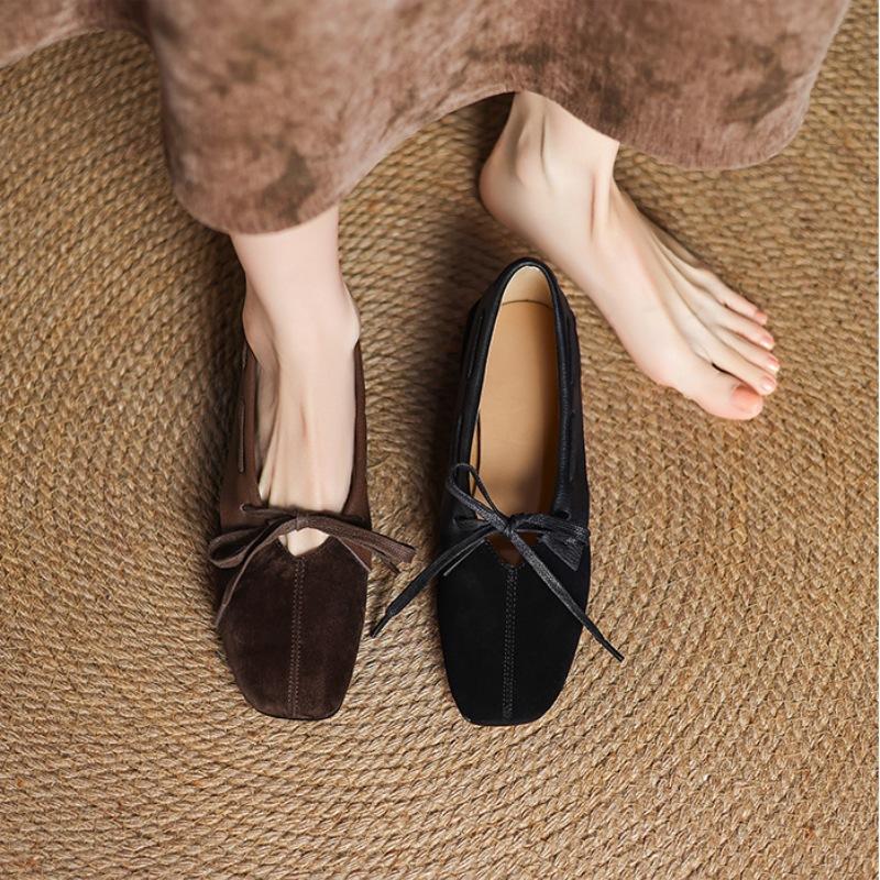 French small square head Mary Jane shoes women's spring and summer suede light mouth bow retro thick heel flat shoes small single shoes
