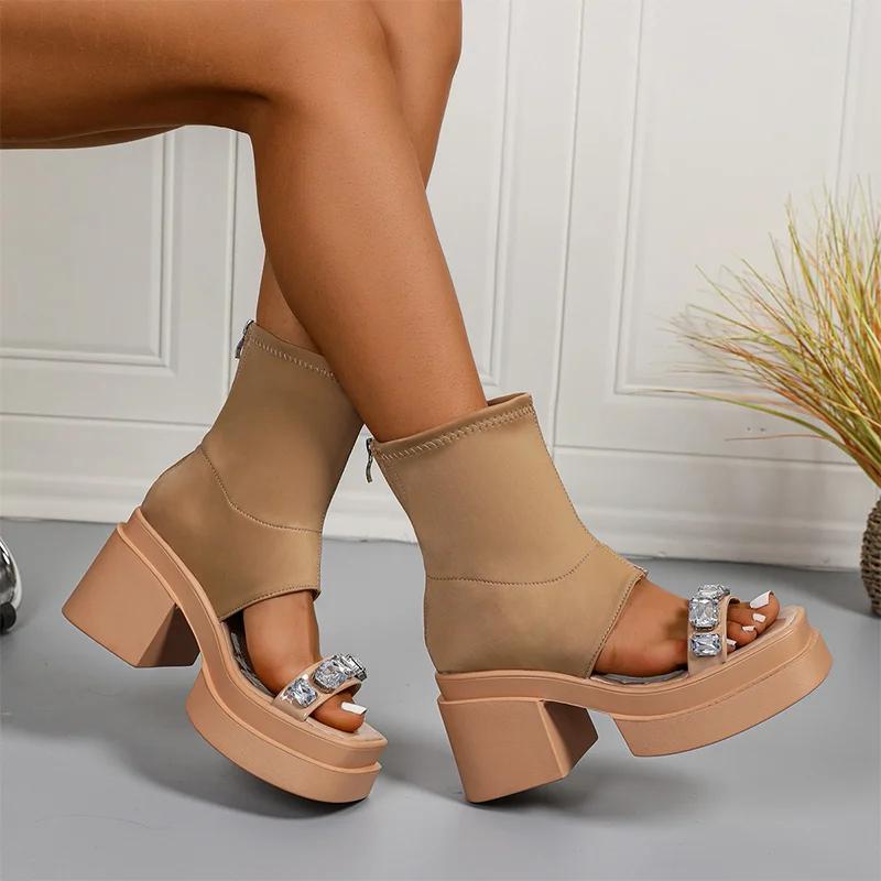 

Fashion Crystal Women High Heels Sandals Casual Chunky Shoes Designer Fashion Pumps Elegant Woman Slippers 2025 Summer New Mujer Zapatos 40 абрикосовый