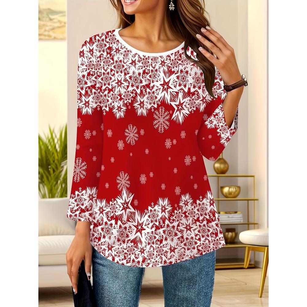 3D Printed Christmas Theme O-Neck Red Long Sleeve T-Shirts Fashion Womens Clothing