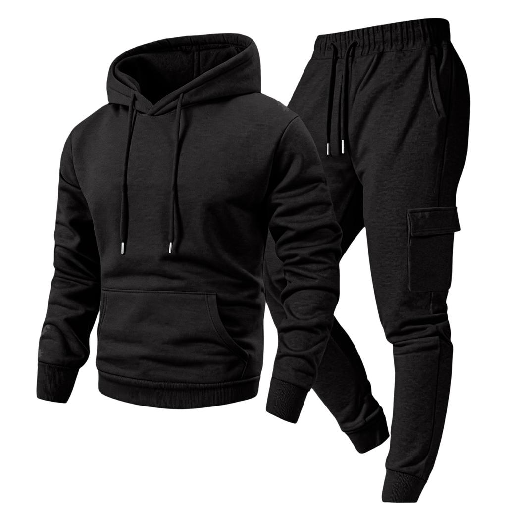 Men's Casual Outdoor Sports Two-Piece Set - Color Sweatshirt and Elastic Waist Cargo Jogger Pants