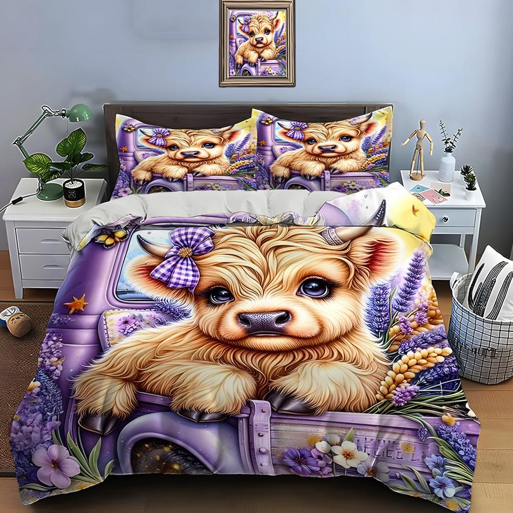 Cute North American Highland Cattle Print Bedding Set Duvet Cover 1 Duvet Cover 2 Pillowcases Adult and Kids Bedding Set Luxury