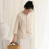 Johnature Bluze de primăvară în stil chinezesc pentru femei, cu broderie florală, cămăși vintage, cu nouă mâneci, culoare uni, cu butoni