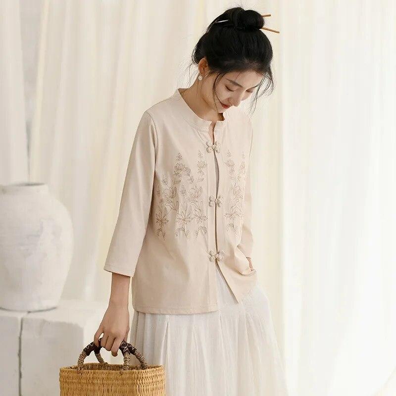 Johnature Bluze de primăvară în stil chinezesc pentru femei, cu broderie florală, cămăși vintage, cu nouă mâneci, culoare uni, cu butoni